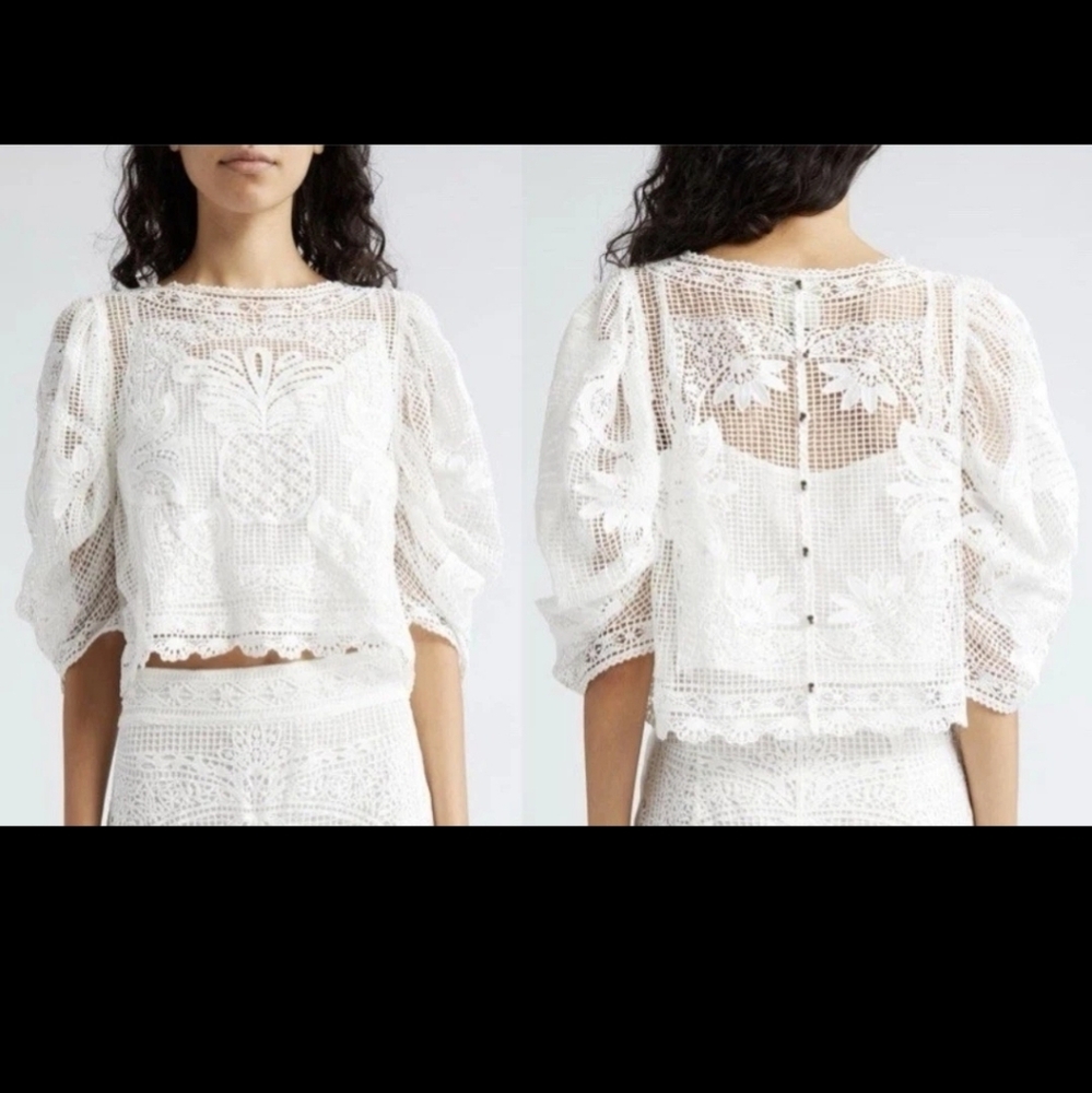 Farm Rio White Guipure Short Sleeve Blouse Women’s Sz XXS, NWT!